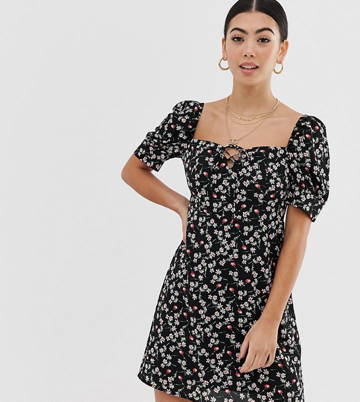Fashion Union Petite Square Neck Tea Dress In Floral-black