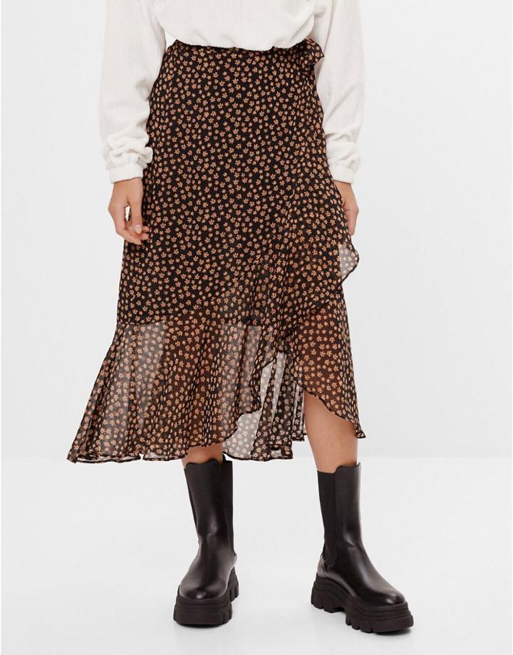 Bershka Wrap Floral Midi Skirt In Black