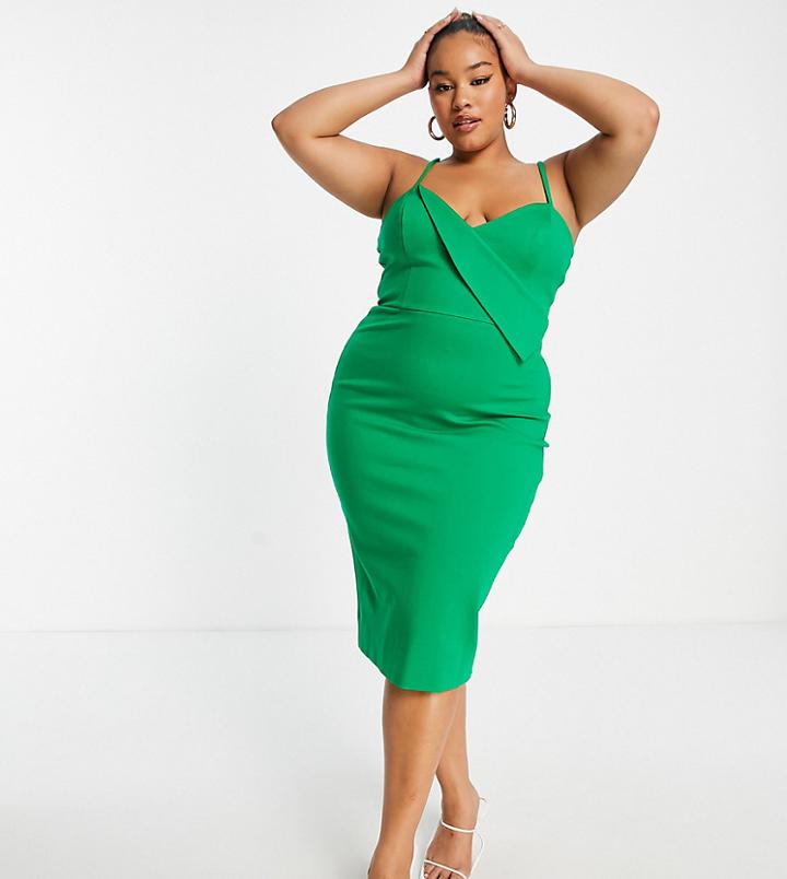 Lavish Alice Plus Fold Detail Cami Strap Pencil Dress In Green