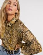 Liquorish Shirt With Balloon Sleeves In Snakeskin Print-brown