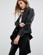 Goosecraft Collarless Leather Biker Jacket With Ribbed Arm - Black