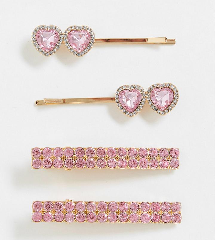 Asos Design Pack Of 4 Hair Clips With Rose Pink Heart Jewels In Gold Tone