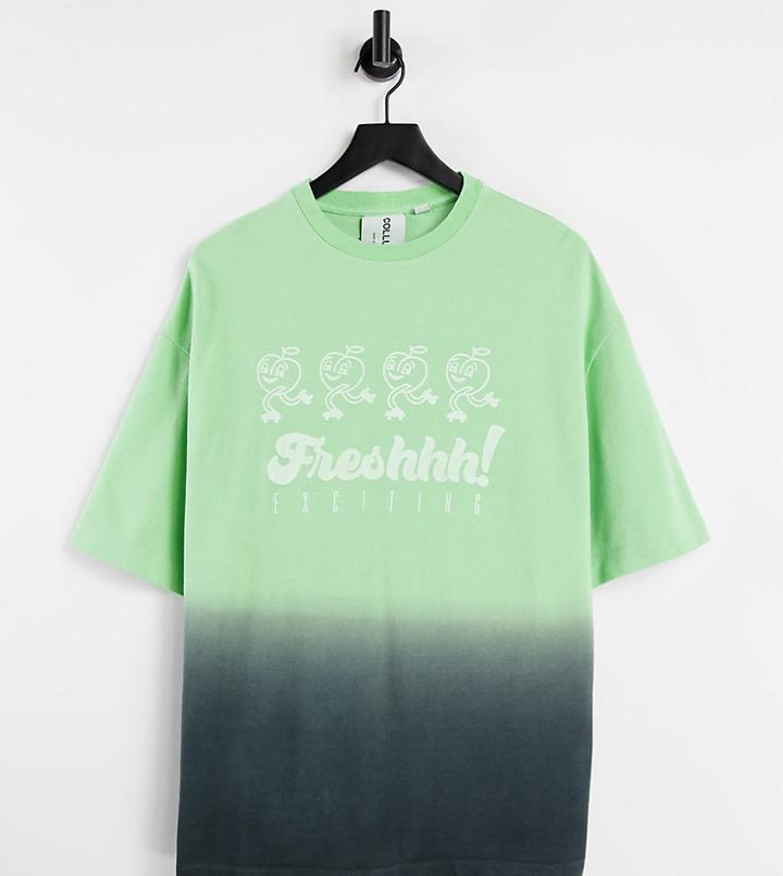 Collusion Unisex Oversized T-shirt With Cartoon Print In Green Ombre Pique Fabric
