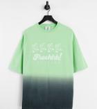 Collusion Unisex Oversized T-shirt With Cartoon Print In Green Ombre Pique Fabric