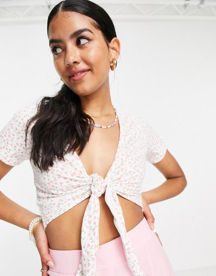 Monki Sina Organic Cotton Tie Front Floral Crop Top In White-black