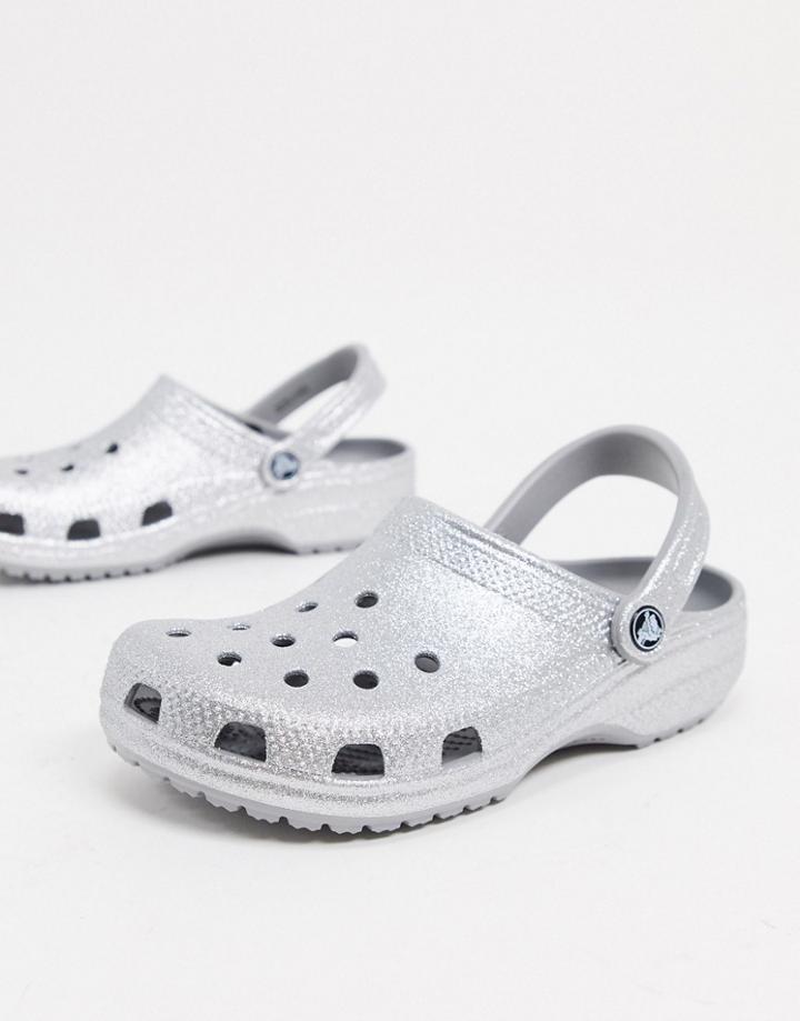 Crocs Classic Glitter Clogs In Silver