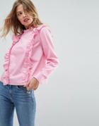 Asos Cotton Ruffle Top With Pie Crust - Pink