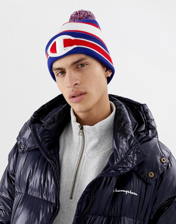 Champion Color Block Pom Pom Beanie In White - White