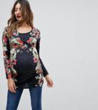 Bluebelle Maternity Wrap Front Fitted Jersey Top In Floral - Black