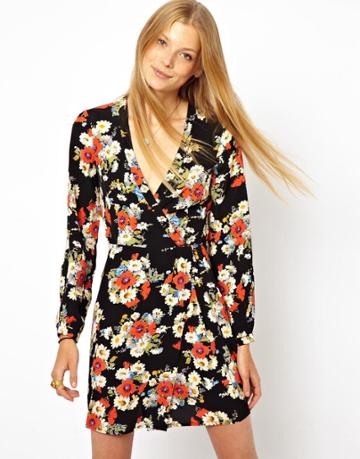 Asos Wrap Dress With Tulip Skirt And Long Sleeves In Floral Print