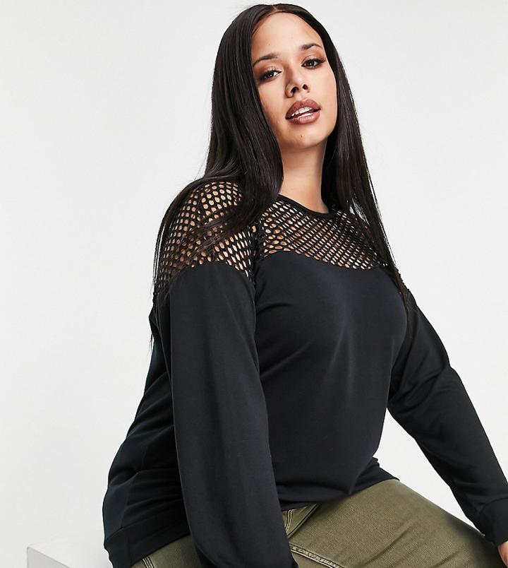 Yours Mesh Long Sleeve T-shirt In Black