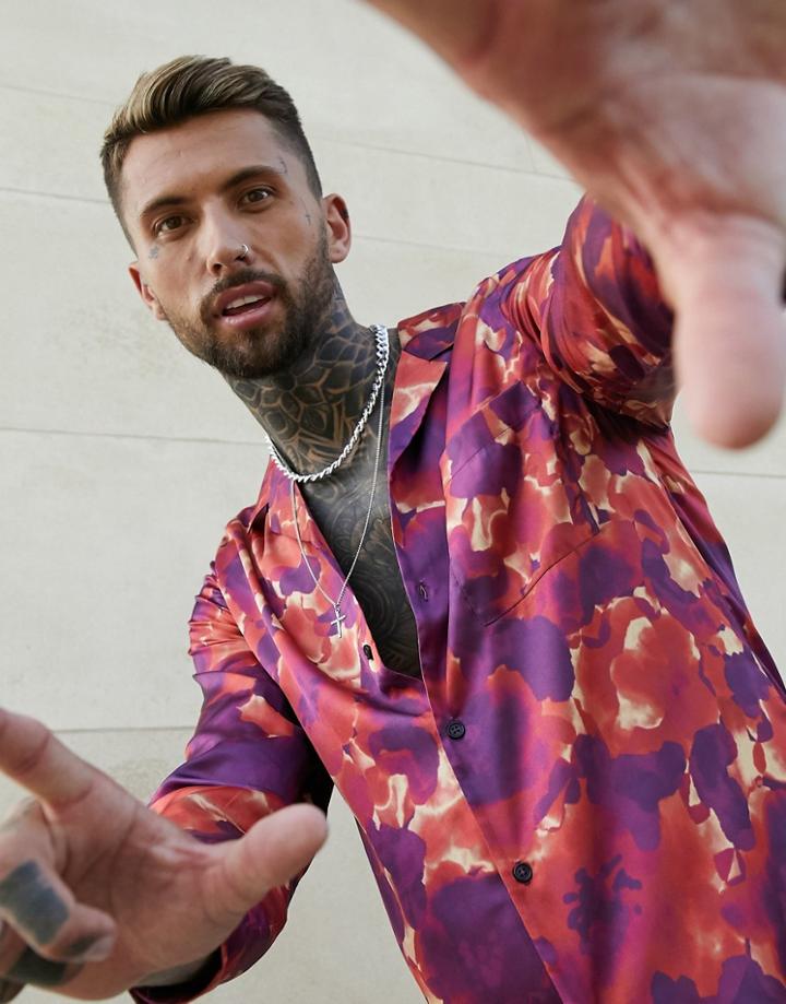 Asos Design Regular Revere Satin Shirt In Hypnotic Floral Print-red