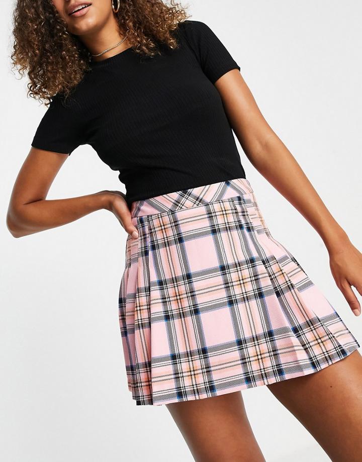 Asos Design Pleated Mini Suit Skirt In Pink Check-multi