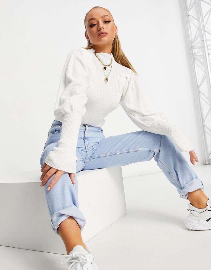 Parisian Puff Sleeve High Neck Ribbed Sweater In Cream-white