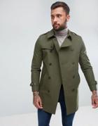 Asos Shower Resistant Double Breasted Trench In Khaki - Green
