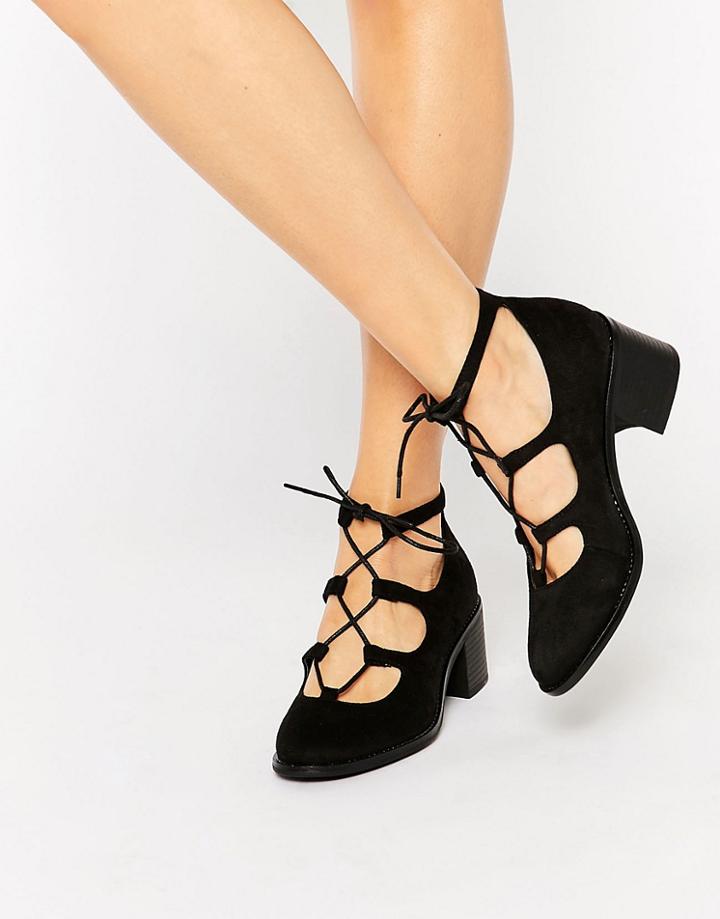Truffle Collection Lace Up Kitten Heel Shoes - Black Mf