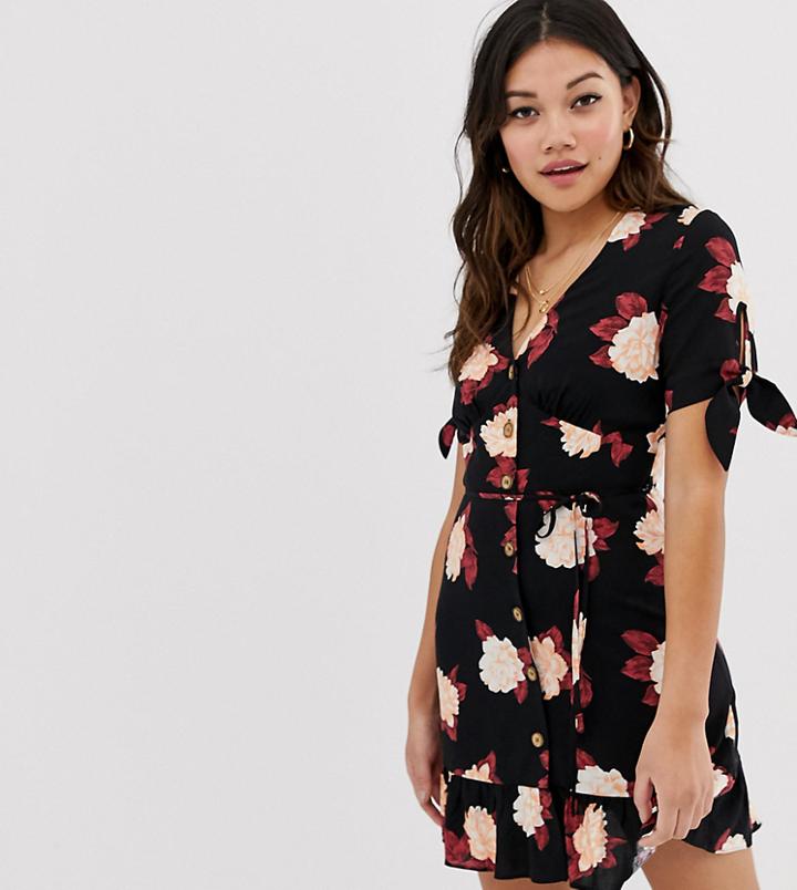 Miss Selfridge Tie Sleeve Tea Dress In Black Floral