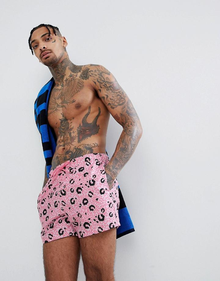 Asos Swim Shorts In Pink Leopard Print In Short Length - Black