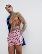 Asos Swim Shorts In Pink Leopard Print In Short Length - Black