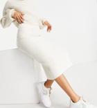 Asos Design Petite Knitted Midi Skirt In Rib In Cream - Part Of A Set-white