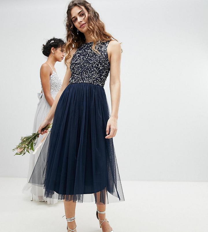 Maya Sleeveless Sequin Bodice Tulle Detail Midi Bridesmaid Dress With Cutout Back - Navy