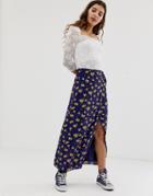 Glamorous Wrap Tie Midi Skirt In Sunflower Print-navy