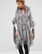 Jayley Luxurious Oversize Fur Trim Cape - Gray