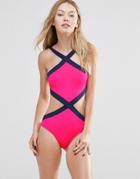 Goddiva Contrast Cut Away Swimsuit - Pink