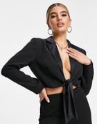4th & Reckless Tie Front Satin Lapel Crop Blazer In Black