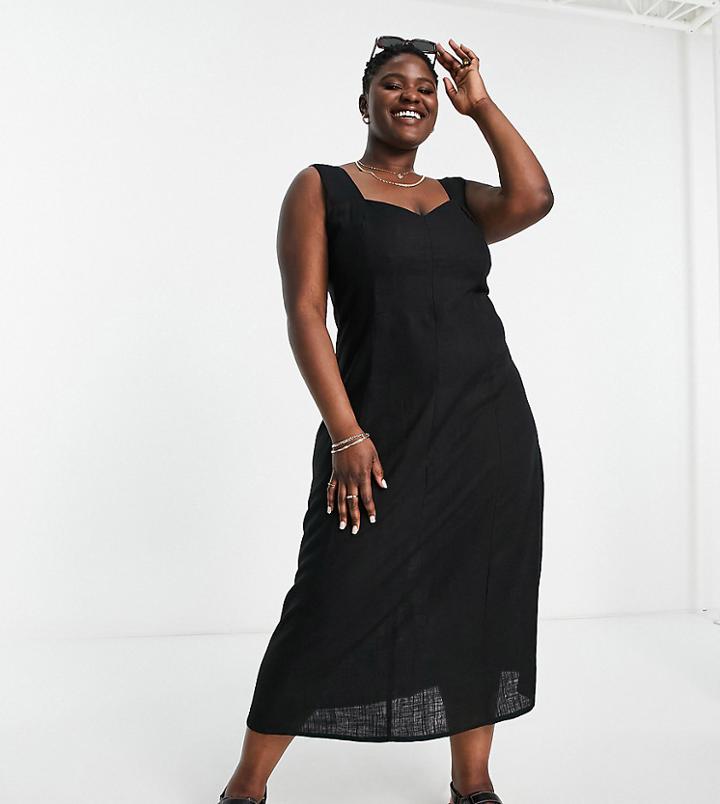 Asos Design Curve Sweetheart Neck Shirred Back Midi Sundress In Black Linen