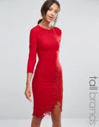 Little Mistress Tall Long Sleeve Bodycon Dress With Lace Applique Detail - Red