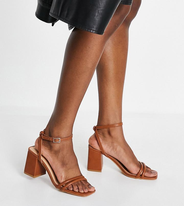 Truffle Collection Wide Fit Strappy Mid Heeled Sandal With Square Toe In Tan-brown