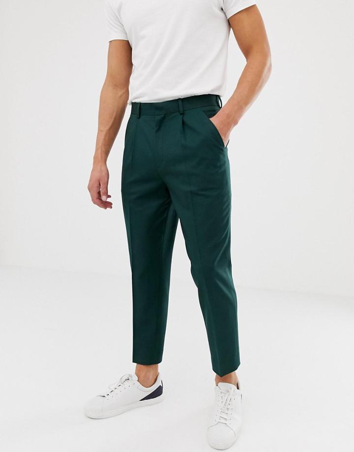 Asos Design Pleated Tapered Crop Smart Pants With Pleats In Green
