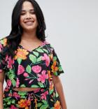 Asos Design Curve Jersey Beach Crop Top With Flutter Sleeves In Neon Tropical Print Two-piece - Multi
