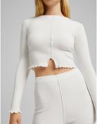 Bershka Seam Detail Lettuce Edge Fine Knit Sweater Set In Ecru-white