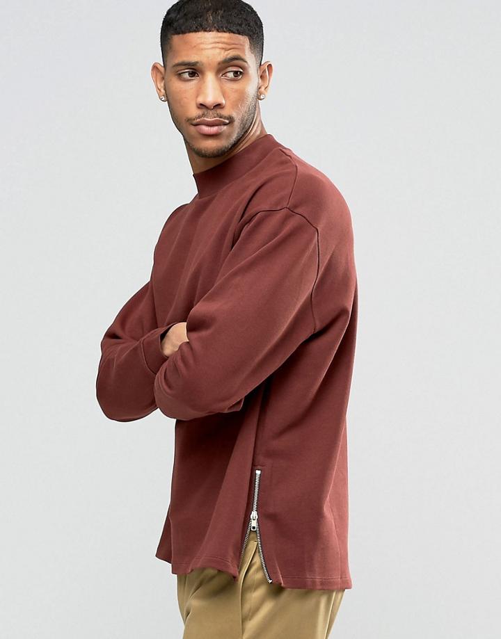 Asos Oversized Sweatshirt With Side Zips In Chestnut - Brown