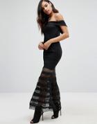 Jarlo Teagan Bardot Maxi Dress With Sheer Stripe Skirt - Black