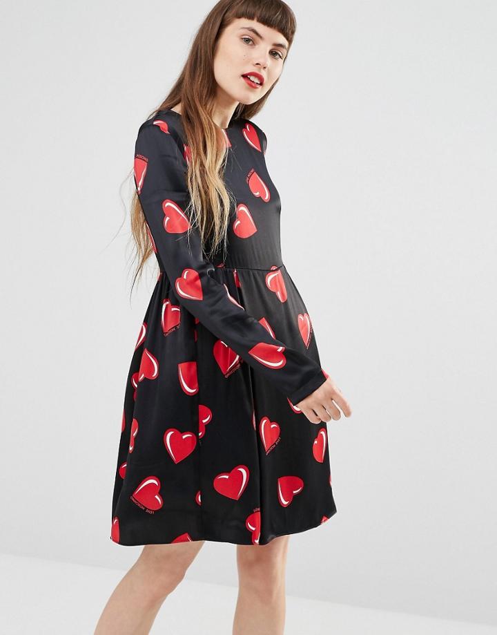 Love Moschino All Over Heart Print Long Sleeve Dress - Black