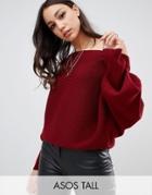 Asos Design Tall Off Shoulder Sweater In Ripple Stitch - Red