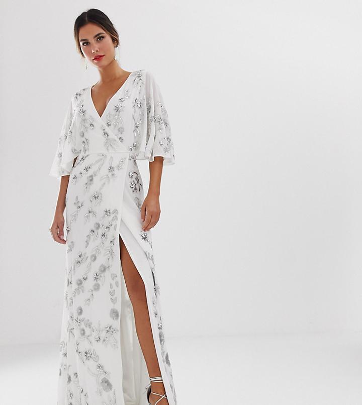 Maya Wrap Front Floral Embellished Maxi Dress In White - White