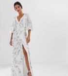 Maya Wrap Front Floral Embellished Maxi Dress In White - White