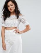 Prettylittlething Sheer Bardot Lace Top - White