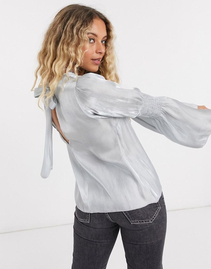 Topshop Satin Ruched Sleeve Blouse In Ice Blue