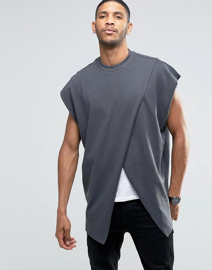 Asos Super Oversized T-shirt With Crossover Front In Heavy Jersey - Gray