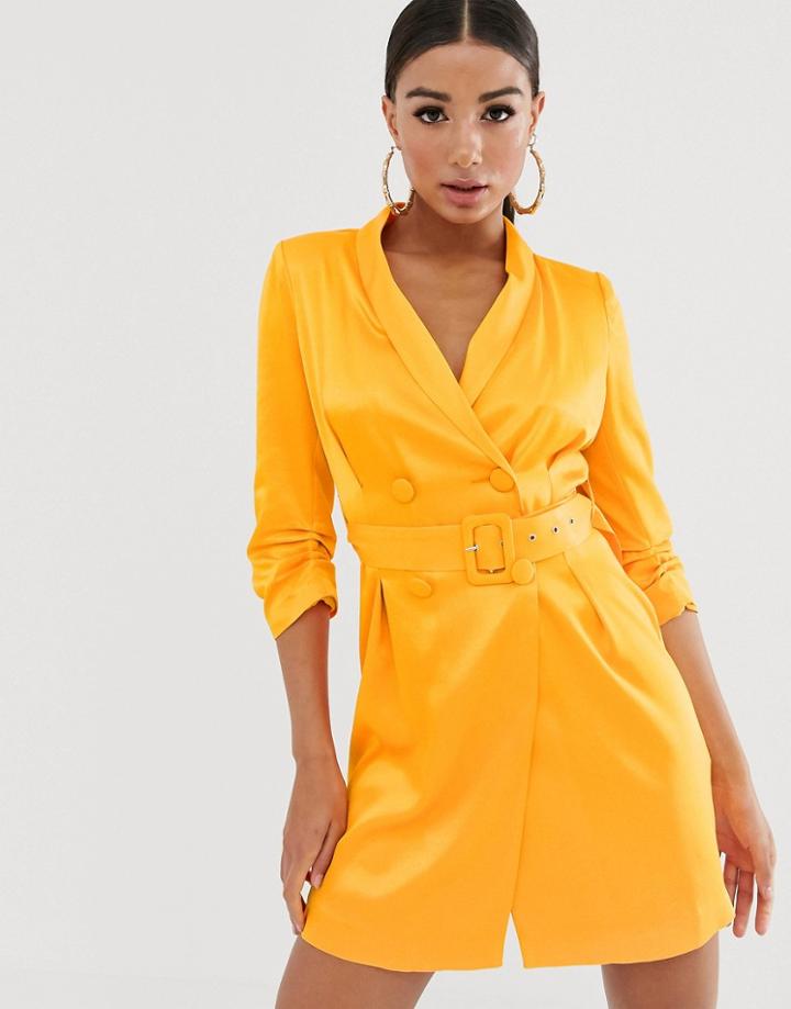 River Island Belted Blazer Dress In Satin Orange