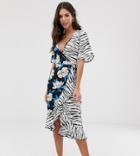 Influence Tall Button Through Midi Dress In Tropical Floral Print-blue