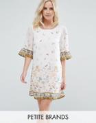 Yumi Petite Swing Dress In Border Print With Frill Sleeves - White