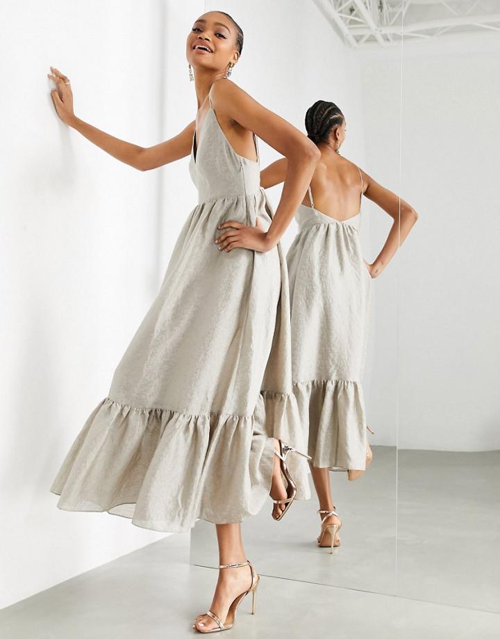 Asos Edition Textured Cami Midi Dress With Tiered Hem In Sand-neutral