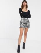 River Island Shorts With Button Detail In Mono Houndstooth Check