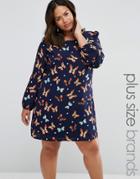 Yumi Plus Shift Dress In Butterfly Print - Navy